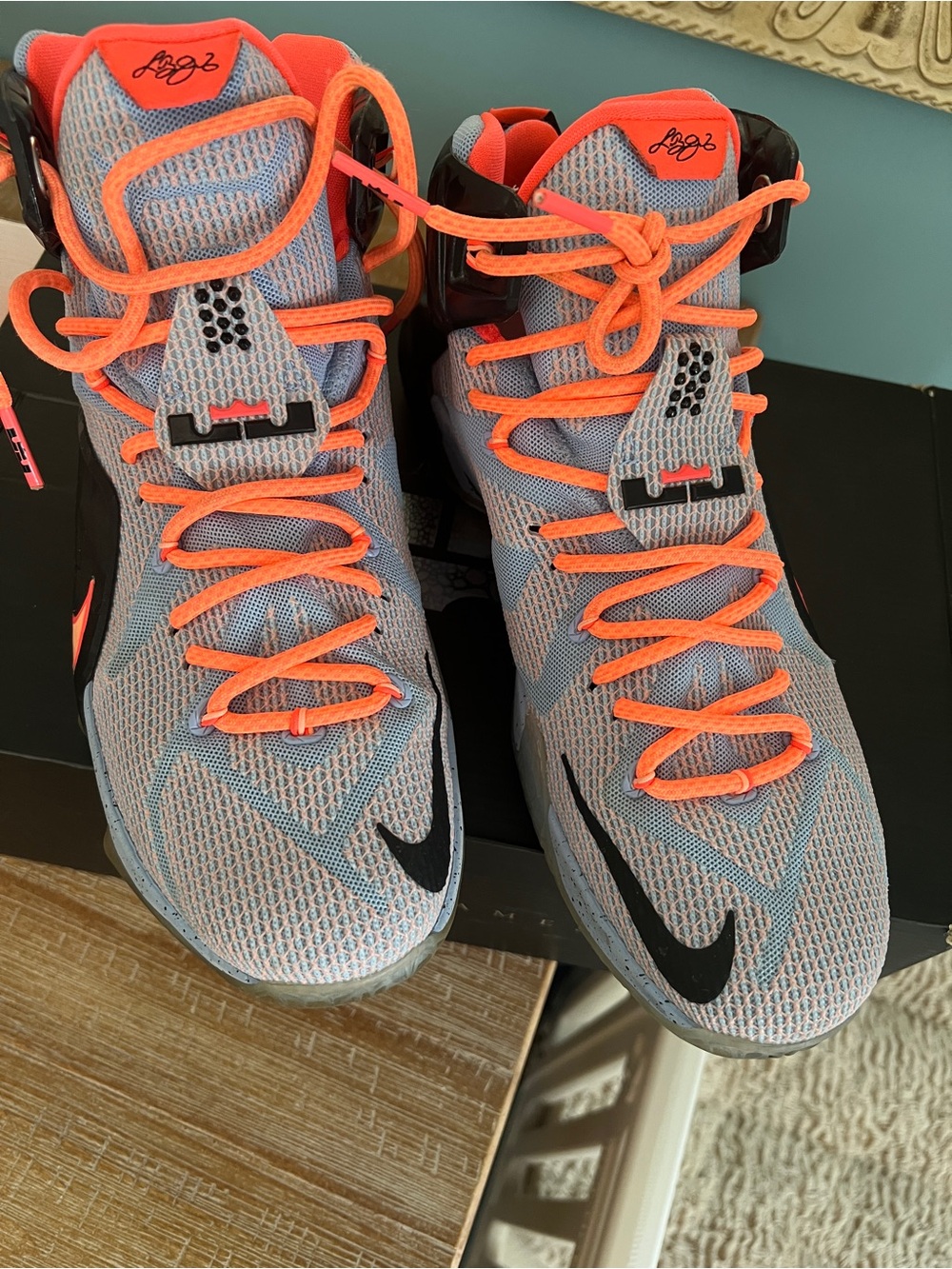Nike LeBron Men's Athletic Shoes - Gray Upper with Bright Orange Laces